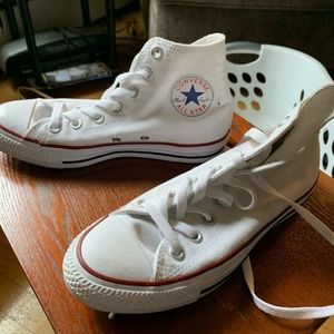 White red and blue high top converse
